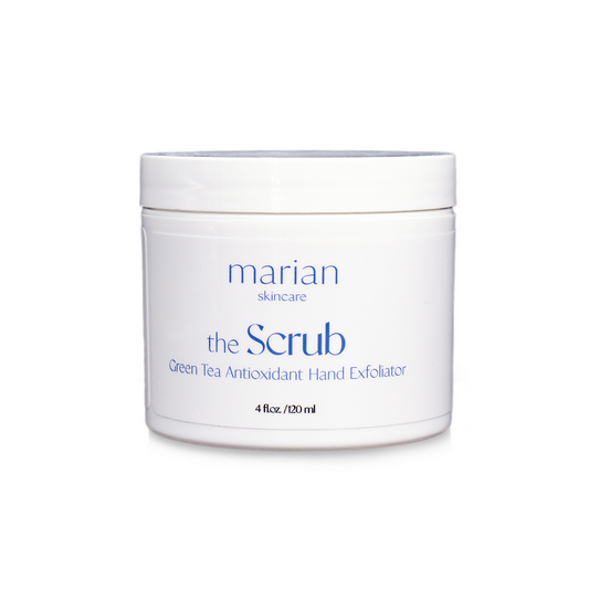 marian skincare the Scrub, Green Tea Antioxidant Hand Exfoliator; a white jar of hand scrub, with a white label and periwinkle lettering that reads "marian skincare, the Scrub, Green Tea Antioxidant Hand Exfoliator, 4 fluid ounces, 120 milliliters"